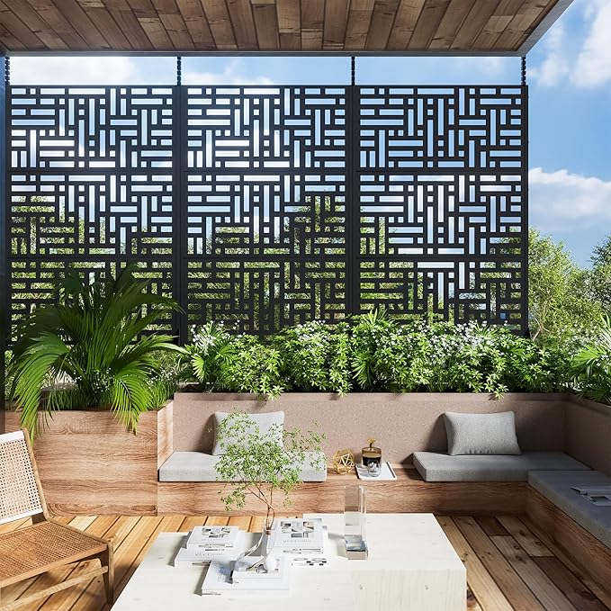 Casaphoria Metal Privacy Screen Outdoor, 72" H x 47" W Freestanding Decorative Privacy Screen for Patio Deck Balcony Garden with Stable Base, Black Helen Casaphoria