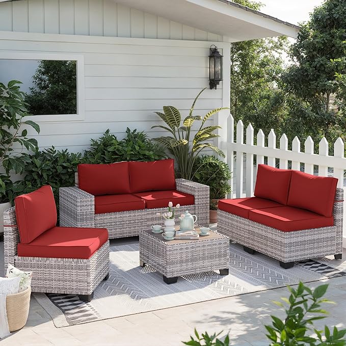 6-Piece Outdoor Patio Furniture Set Wicker Sectional Sofa Set, Patio Conversation Set with Thickened Cushions & Coffee Table for Garden, Backyard, Poolside, Red MuphyersPatioFurniture