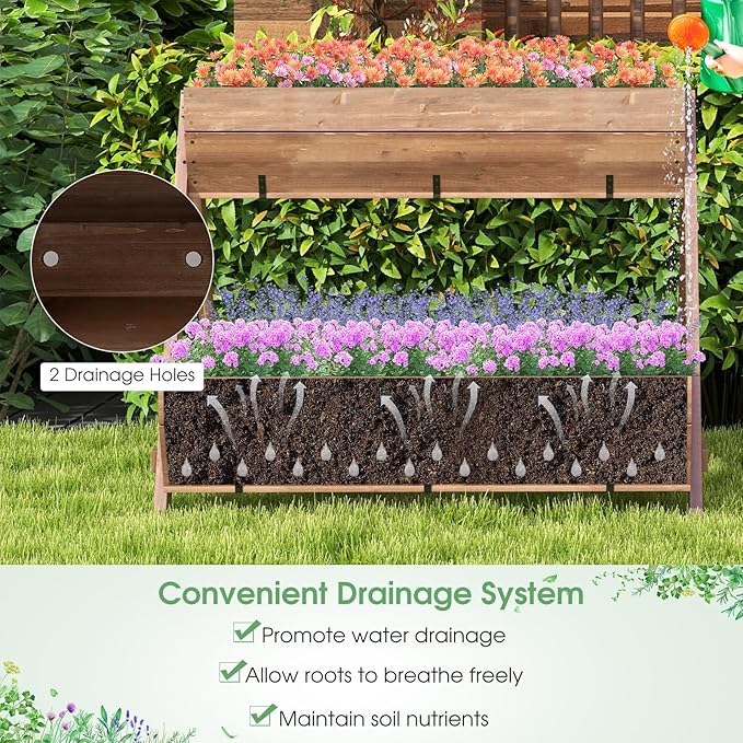 Giantex Vertical Raised Garden Bed, 3 Large Wood Planter Boxes for Flower Vegetable Fruit Herb, Freestanding Planter with Drain Holes, Elevated Raised Beds for Indoor Outdoor Lawn Patio Yard, Brown Giantex