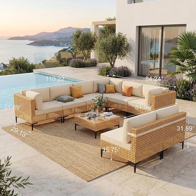 ABCASA Patio Furniture Set, 110" Large 9-Piece Wicker Outdoor Patio Furniture Sets with Anti-Slip Cushions & Coffee Table,Boho Patio Conversation Set Sectional Sofa for Backyard,Porch,Deck,Beige ABCASA