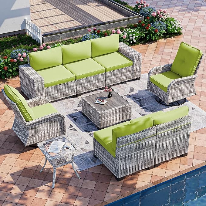 9-Piece Outdoor Patio Furniture Set with Rocking Swivel Chair Wicker Sectional Sofa Set, Patio Conversation Set with Thickened Cushions & Coffee Table for Garden, Backyard, Avocado Green MuphyersPatioFurniture
