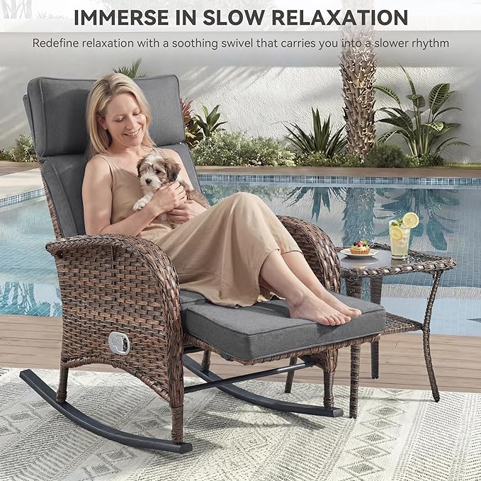 Zero Gravity Patio Rocking Wicker Recliner Chair - Wicker Outdoor Lounge Chair with Adjustable Backrest & Footrest, All Weather Reclining Rocker Chairs with Thick Cushion for Pool Deck Gray JelwalyPatioFurnitureSet