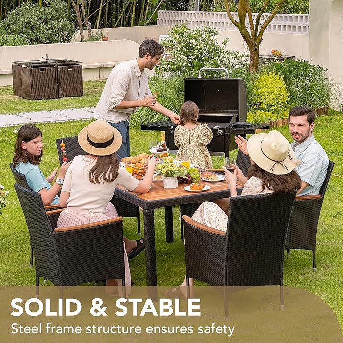 Devoko Dining 7 PCS Furniture, Patio Conversation Set with Acacia Wood Table Top, Outdoor, Beige Cushion and Black Rattan DEVOKO