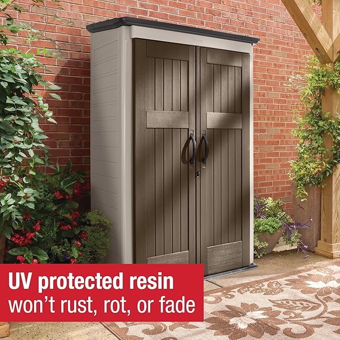 Rubbermaid Vertical Resin Outdoor Storage Shed With Floor (4 x 2.5 Ft) Weather Resistant Brown Organization for Home/Backyard/Garden Tools/Porch/Patio Cushions/Pool Chemicals/Toys Rubbermaid