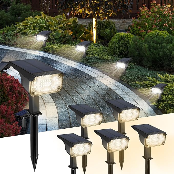 Kingsyard Solar Lights Outdoor Waterproof IP68, 47 LEDs 3 Lighting Modes USB & Solar Powered Garden Yard Pathway Spot Lights for Outside Landscape, Auto On/Off, 6 Pack(Warm White) Kingsyard