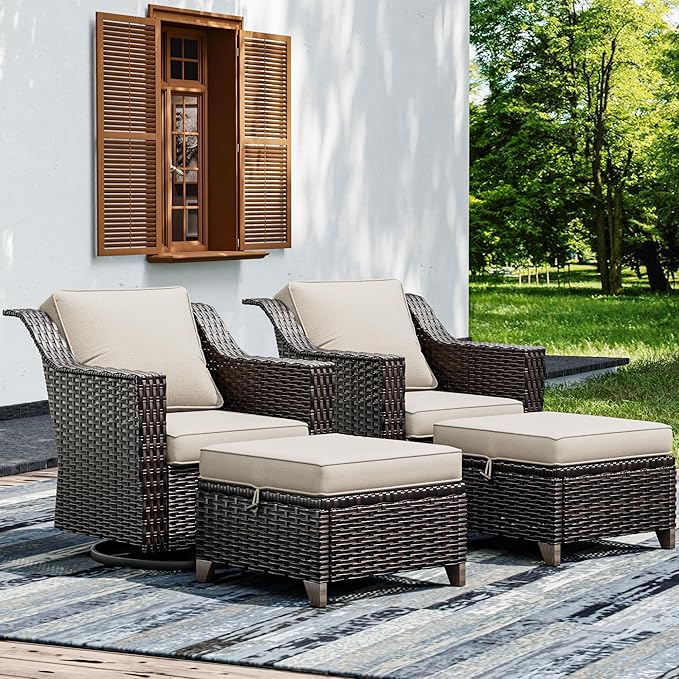Joyside Wicker Patio Furniture Sets, 4 Pieces Upgraded Large Size Outdoor Furniture with Swivel Rocking Patio Chairs and Outdoor Ottoman, Thick Cushions, Wide Armrest Joyside