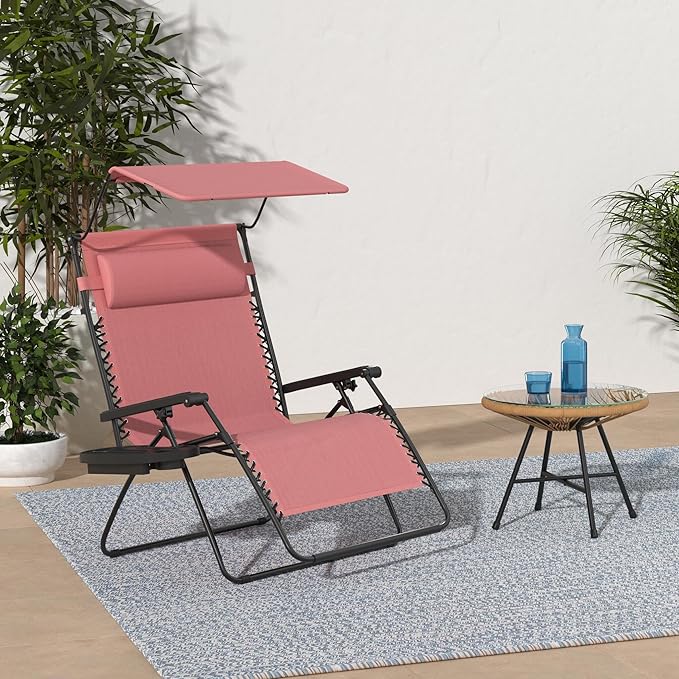 Best Choice Products Folding Zero Gravity Outdoor Recliner Patio Lounge Chair w/Adjustable Canopy Shade, Headrest, Side Accessory Tray, Textilene Mesh - Pink BestChoiceProducts