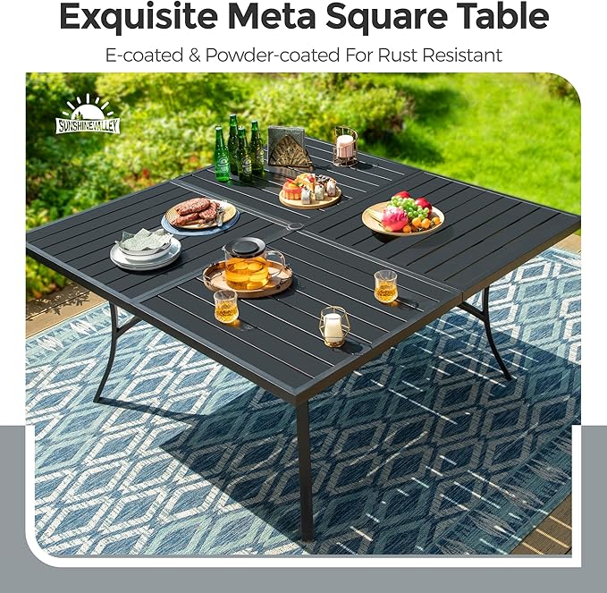 Patio Dining Set for 8, 60" x 60" Square Metal Table with Umbrella Hole, 8 x Stable Dining Chairs, Outdoor Table and Chairs Set for Lawn Backyard and Deck, Red SUNSHINEVALLEY