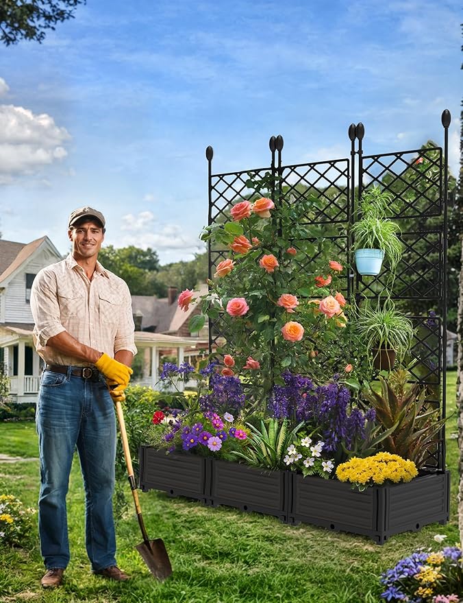 GAOMON 3 PCS Raised Garden Bed with Trellis - 50 in W x 63" Tall Plastic Planter Box for Climbing Plants, Outdoor Vertical Garden with Privacy Screen for Patio, Balcony, Backyard GAOMON