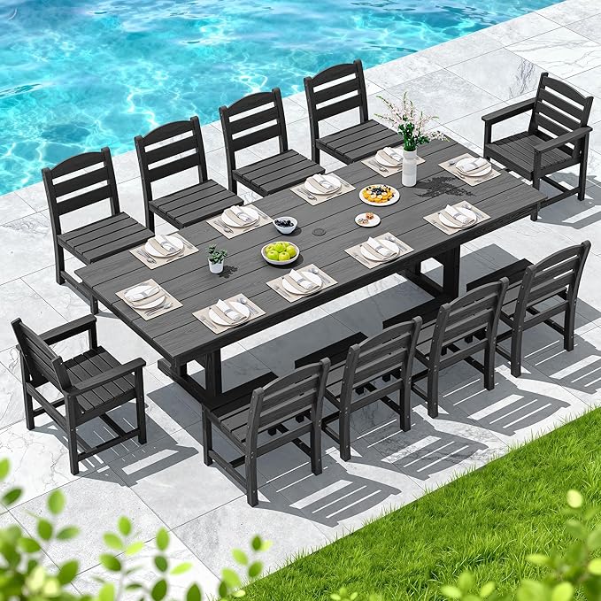 SERWALL 11 Piece Outdoor Dining Set, 84" HDPE Outdoor Table and Chairs for 10，All Weather Patio Furniture Set with Umbrella Hole for Backyard, Garden, Black SERWALL
