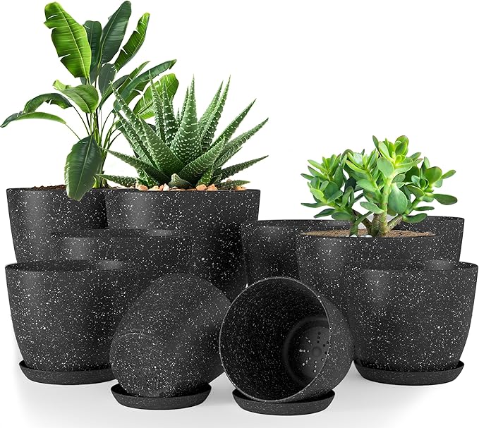 Utopia Home - Spotty Plant Pots Indoor with Drainage - 7/6.6/6/5.3/4.8 Inches Flower Pots - 10 Pack Plastic Planters - Ideal for Stocking Stuffers - (Speckled Black, Pack of 10) UTOPIAHOME