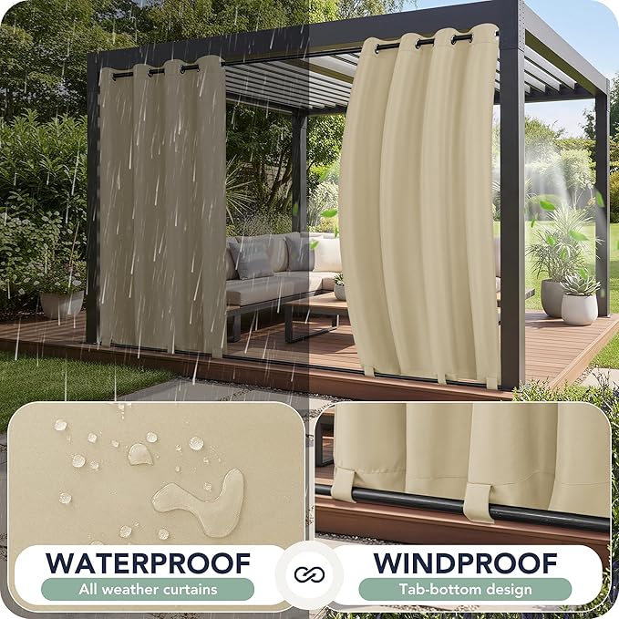 Patio Curtains Outdoor Waterproof 6 Panels - Windproof, Privacy, Weatherproof Outside Drapes for Gazebo Pergola Porch, Grommet Top and Tab Bottom, 54x95 Inch, Cream RichSets