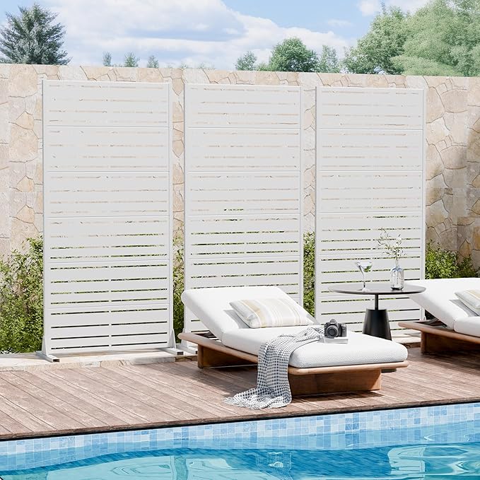 Casaphoria Metal Privacy Screen Outdoor, 72" H x 35" W Freestanding Decorative Privacy Screen for Patio Deck Balcony Garden with Stable Base, White-Benjamin Casaphoria