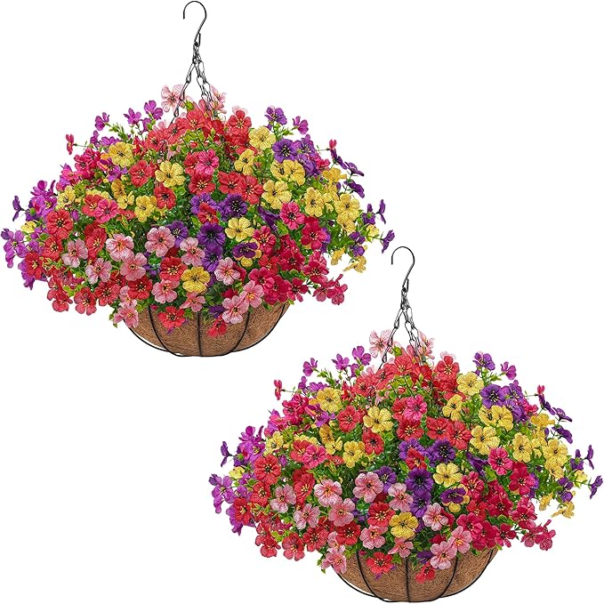 2 Set Artificial Faux Hanging Plants Flowers Basket for Outdoors Spring Summer Decoration, 2 Hanging Planters with 24pcs Fake Silk Flowers UV Resistant for Outside Porch Patio Garden Home 6 Multicolor Tiabean