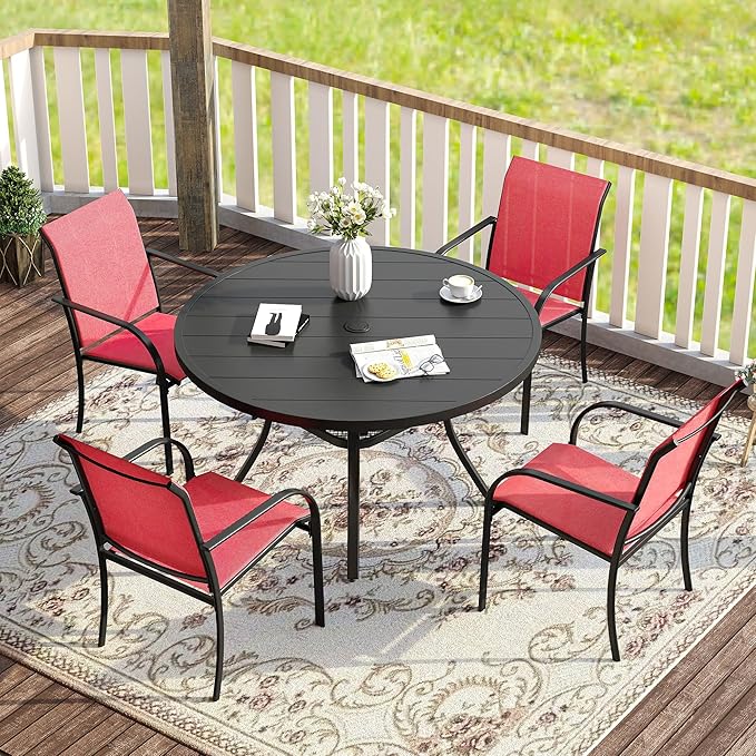 VICLLAX 5 Pieces Patio Dining Set for 4, Outdoor Furniture Set Includes 40.7" Round Patio Table and 4 Patio Stackable Chairs, Black Tabletop and Red Fabric HOME
