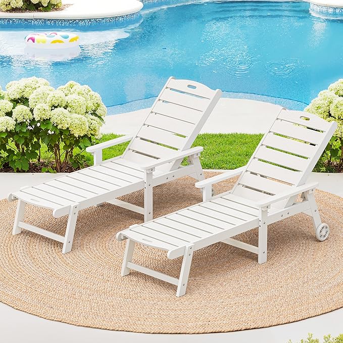 LUE BONA Outdoor Chaise Lounge Chairs Set of 2, HDPS Chaise Lounger, 5 Positions Adjustable Lounge Chairs, Pool Lounge Chair with Wheels for Poolside, 3 Year Warranty, White LUEBONA