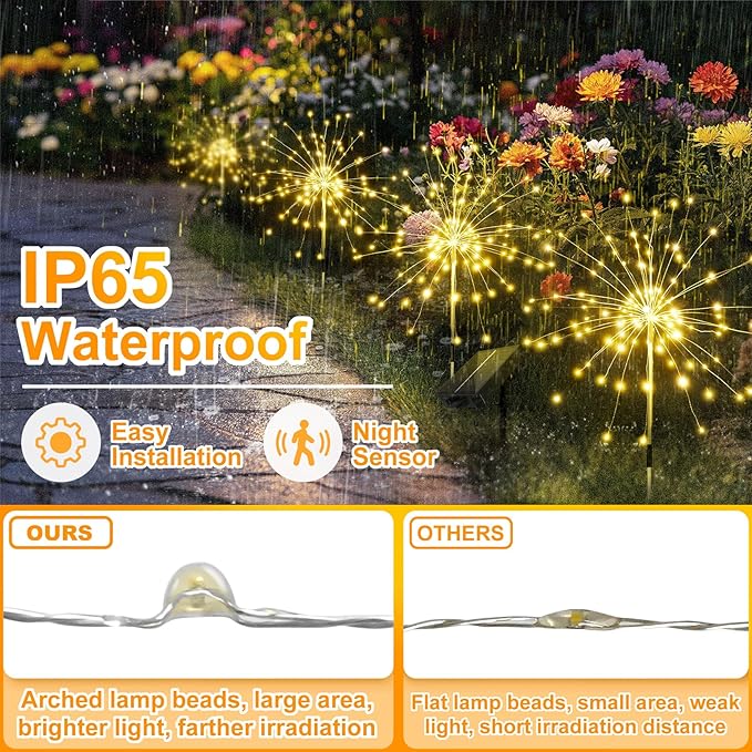 Anordsem Solar Fireworks Lights Outdoor: 4 Bendable Copper Wire 120 LEDs String Lighting - Waterproof DIY Warm Decoration for Yard Garden Proch - Gardening Gifts for Garden Lovers Anordsem