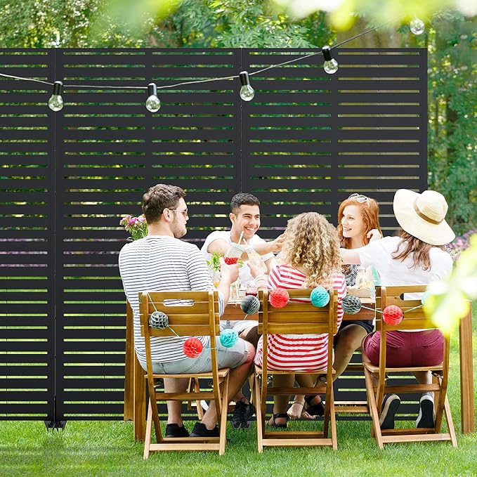 Casaphoria Metal Privacy Screen Outdoor, 72" H x 47" W Freestanding Decorative Privacy Screen for Patio Deck Balcony Garden with Stable Base, Louvered Black Casaphoria