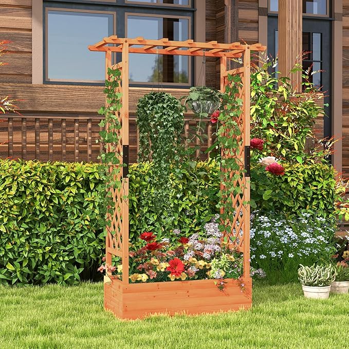 Giantex Raised Garden Bed with Trellis & Hanging Roof, Wood Planter Box with Bottom and Drainage Holes, Freestanding Garden Planter for Flower Vegetable Fruit Herb Climbing Vines, 43.5"x17.5"x72" Giantex