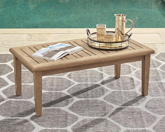 Signature Design by Ashley Gerianne Contemporary Outdoor Rectangular Cocktail Table, Slatted Top Sheds Rainwater, Eucalyptus Wood, 50" W x 26" D x 18.63" H, Beige SignatureDesignbyAshley
