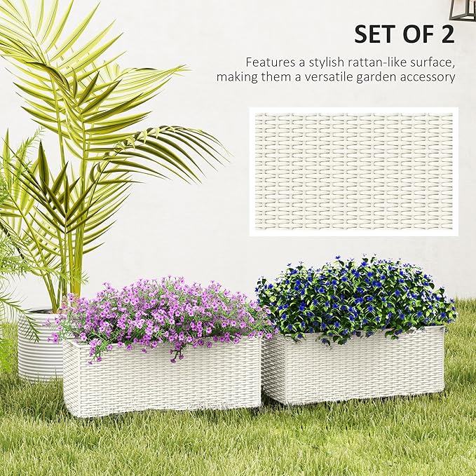 Outsunny Railing Planter Box (2 Pack, 20 Inch), Hanging Flower Pots with Hooks, Drainage Holes for Fence, Balcony, Garden, Patio, Rattan Look, White Outsunny