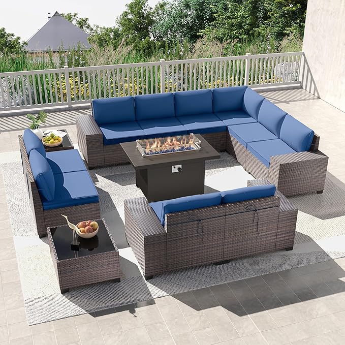 Kullavik 13PCS Outdoor Patio Furniture Set with 43" 55000BTU Gas Propane Fire Pit Table PE Wicker Rattan Sectional Sofa Patio Conversation Sets,Navy Blue KULLAVIK