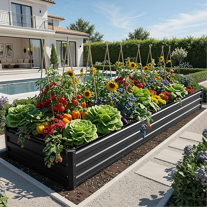 YITAHOME 12x4x1ft 2pcs Large Raised Garden Bed Kit, Galvanized Metal Planter Box with Gloves, Ground Nails, Support Rod, Outdoor Above Ground Planters for Plants Vegetables Flowers, Black YITAHOME