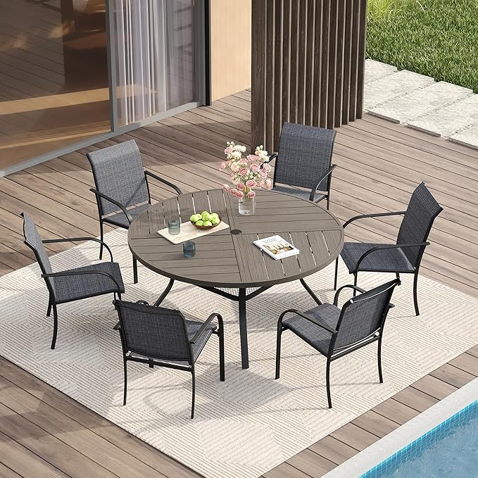 VICLLAX Patio Table and Chair Set of 6, All Weather Metal Round Outdoor Dining Furniture Set-47 Round Outdoor Table and Chairs, Grey Wood Grain Tabletop HOME