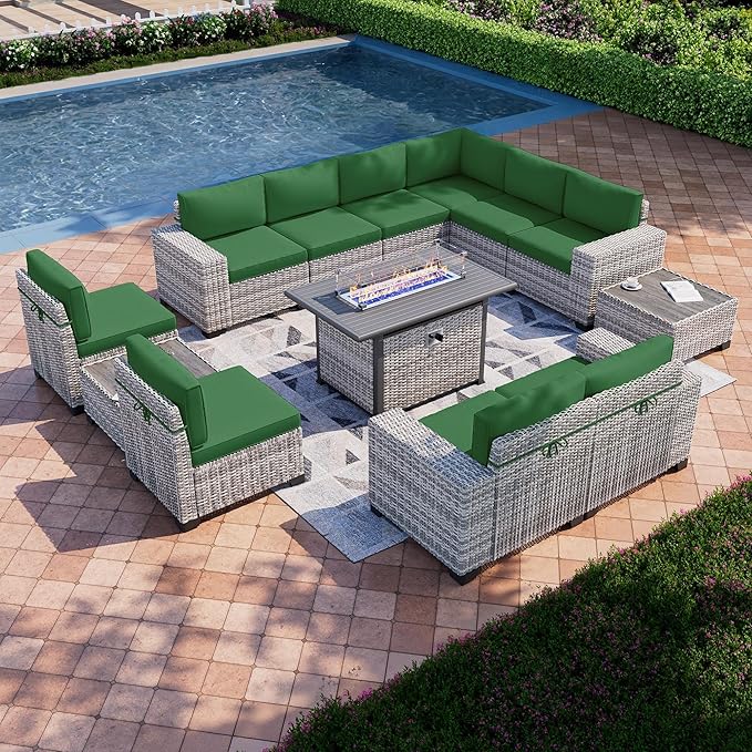 13-Piece Outdoor Patio Furniture Set with 55,000 BTU Fire Pit Table, PE Wicker Rattan Sectional Sofa Patio Conversation Set with Coffee Table, Green MuphyersPatioFurniture