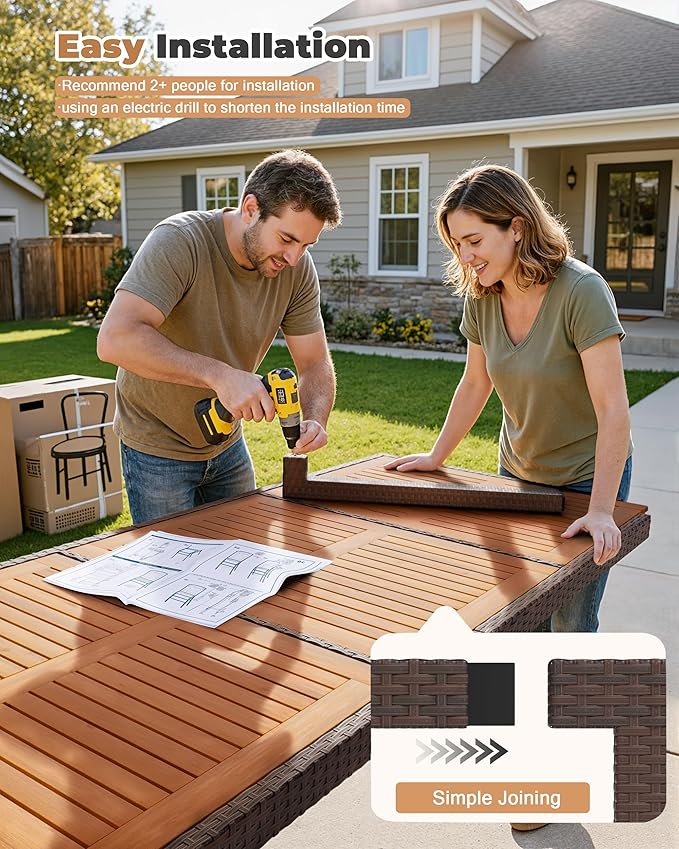 Flamaker 9 Piece Patio Dining Set Outdoor Acacia Wood Table and Chairs with Soft Cushions Wicker Patio Furniture for Deck, Backyard, Garden (Brown) Flamaker