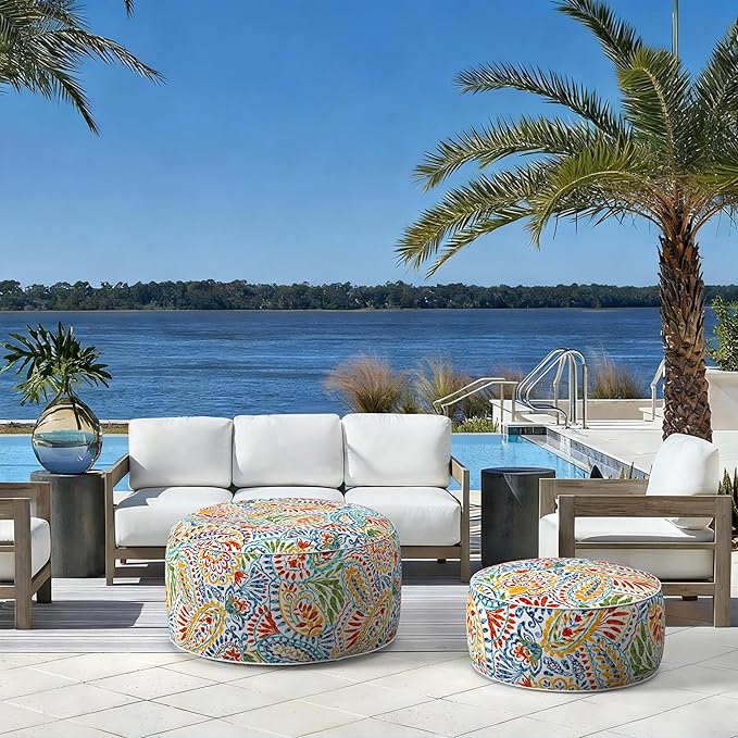 LVTXIII Indoor/Outdoor Inflatable Ottoman with Handle D21 x H9 Inch, Weather-Resistant Round Footstool Pouf for Patio Camping Living Room, Portable Footrest Extra Seating, Paisley Ummi Multi LVTXIII