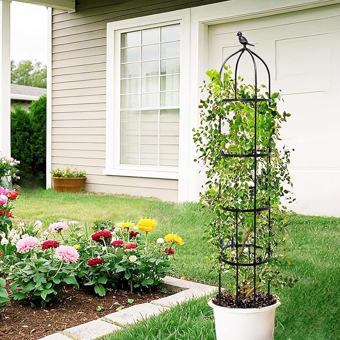 6FT Garden Obelisk Trellis for Climbing Plants,Adjustable 4-Tier Metal Plant Support,Rustproof Outdoor Plant Tower with 3 Decorative Tops for Roses,Tomatoes,Clematis & Vines,Black TCBWFY