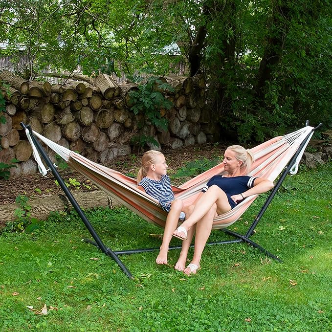 Vivere Double Sunbrella Hammock with Space-Saving Steel Stand, Heavy-Duty Portable Outdoor Hammock Set for Backyard, Patio, or Travel, Cameo Vivere