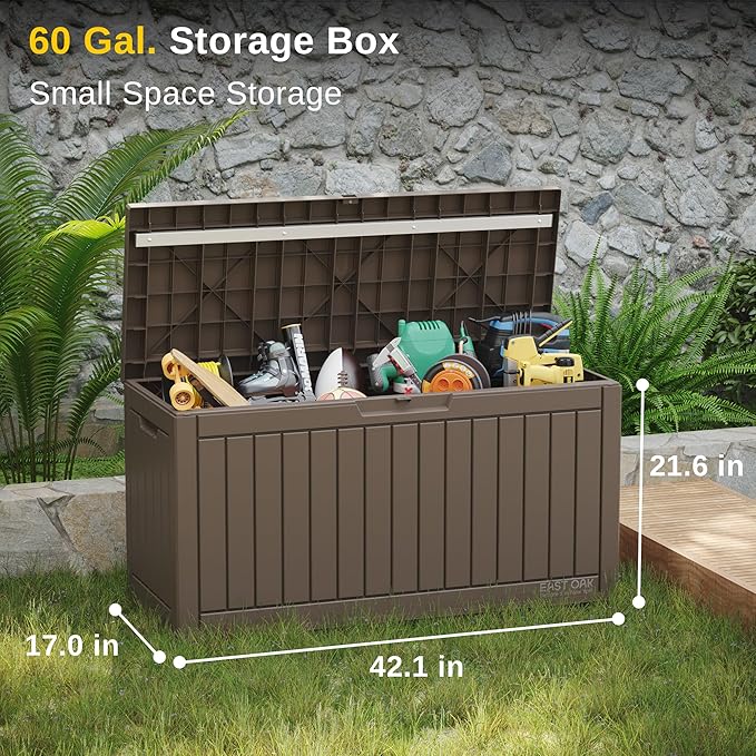 EAST OAK Outdoor Storage Box, 60 Gallon Deck Box Indoor and Outdoor Use, Waterproof Resin Storage Bin for Patio Cushions, Gardening Tools, Lockable, UV Resistant, Brown EASTOAK