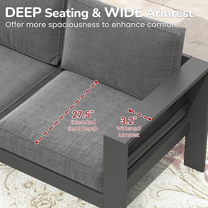 Solaste Aluminum Patio Furniture Set with Fire Pit Table, 4 Piece Metal Outdoor Furniture with Water-Resistant Cushions, Modern Patio Conversation Set for Balcony, Front Porch, and Backyard, Grey Solaste