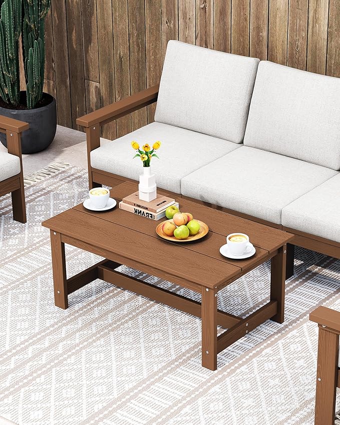 SERWALL HDPE Patio Coffee Table, Rectangle Outdoor Coffee Table, All-Weather Coffee Side Table for Balcony, Poolside, Deck, Garden, Brown SERWALL