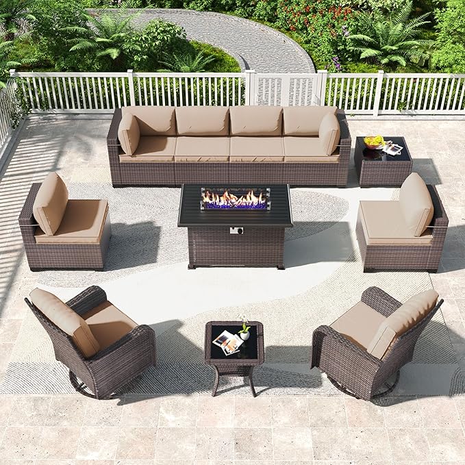 Kullavik 11 Pieces Outdoor Patio Furniture Set,PE Wicker Rattan Sectional Sofa Patio Conversation Sets with 43" 55000BTU Gas Propane Fire Pit Table,Swivel Rocking Chairs Set,Sand KULLAVIK
