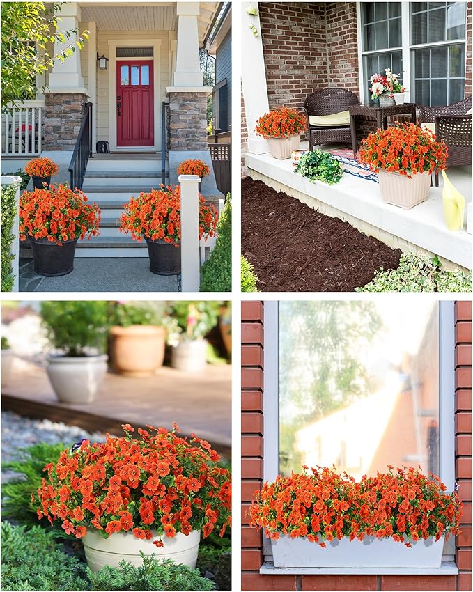 Fake Mums Faux Flowers for Outdoor Planters 16 Bundles UV Resistant Artificial Eucalyptus Plants Outside Fall Yard Decoration Realistic Silk Daisy Patio Front Porch Garden Pots Decor-Orange Red JAKY-Global