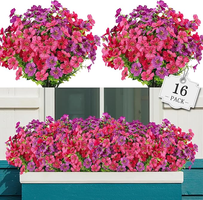 AGIRL 16 Bundles Artificial Flowers for Outdoor,No Fade Fake Plastic Flowers Faux Plants for Hanging Planters Decoration Indoor Outside Garden Porch Window Box Home Wedding AGIRL