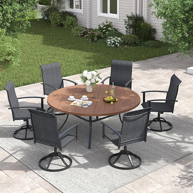 VICLLAX 63" Outdoor Round Patio Table with Umbrella Hole, All Weather Metal Round Outdoor Dining Table for Lawn Garden, 8-10 Person Table, Walnut Wood Grain HOME