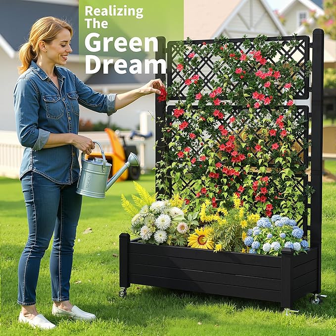 Raised Garden Bed with Trellis, 21 Gallon Self Watering Planter Box with Lockable Wheels & Drainage Holes for Climbing Plants Vegetables Flowers, Anti-Rust Resin for Backyard Patio (Black) OutdoorLivingPerfected