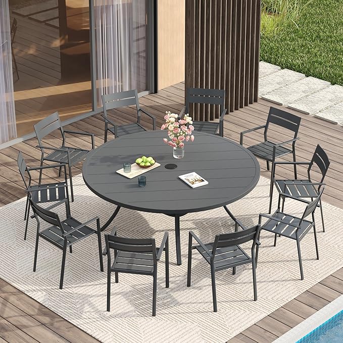VICLLAX 60" Outdoor Round Patio Table for Lawn Garden, All Weather Metal Patio Dining Table with Adjustable Umbrella Hole, 8-10 Person, Grey HOME