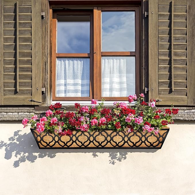 6pcs 30 Inch Window Deck with Coco Liner, 30" Window Boxes Horse Trough with Coconut Coir Liner, Metal Hanging Flower Planter Window Basket Deck Railing Planter Boxes for Outdoor Indoor Lawn LAWYAMAI