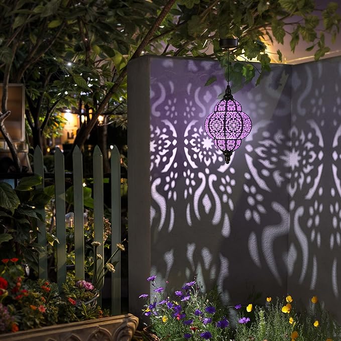 Hanging Solar Lights Outdoor Garden Decor Solar Lantern Waterproof Plastic Moroccan Outdoor Decorations for Patio Pathway Yard Backyard Garden Decorative (2, Purple) Hapjoy