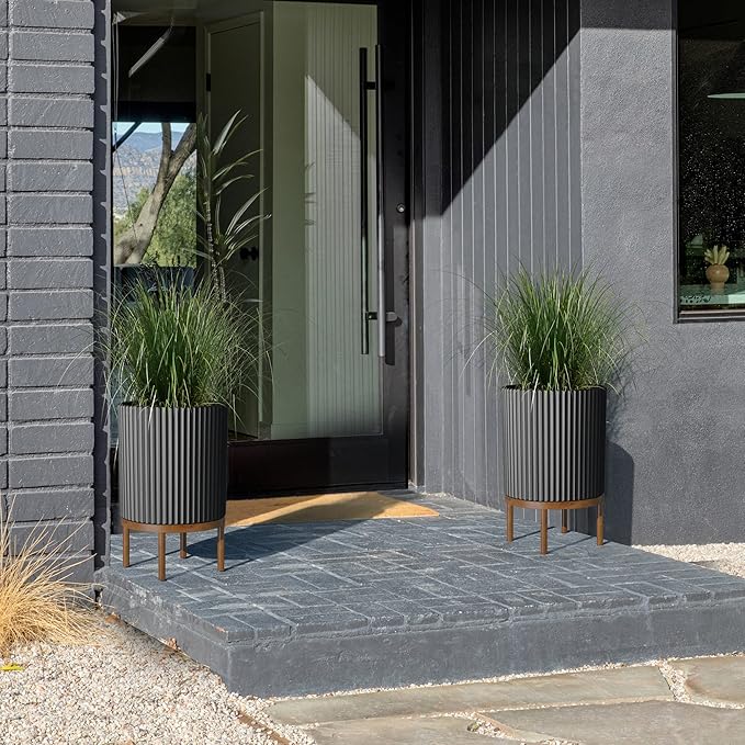 Veradek Demi Series Round Planter w/Stand for Porch/Patio | Durable Plastic-Stone Composite & Wooden Stand | Modern Décor for Tall Plants, Flowers VeradekOutdoor