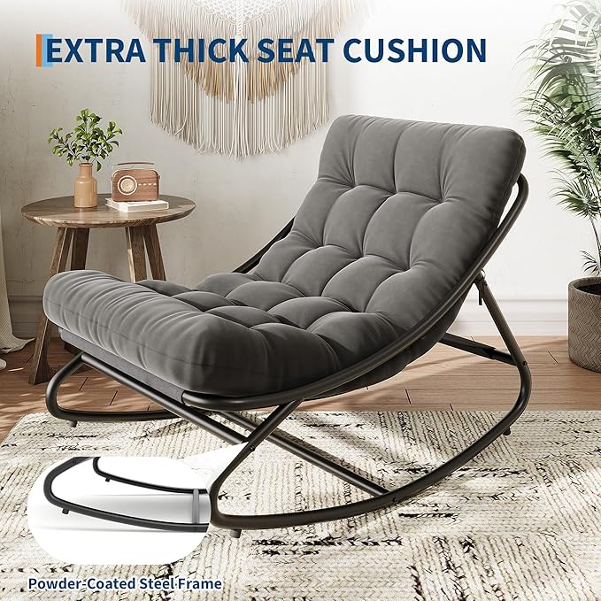 IDEALHOUSE Outdoor Rocking Chair with Metal Frame, Adjustable Papasan Rocker, Waterproof Comfy Cushion, 450lbs Capacity, for Patio, Porch, Garden, Living Room, Dark Grey IDEALHOUSE