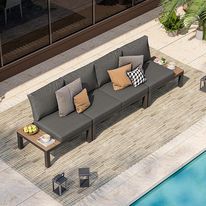 Aluminum Outdoor Patio Furniture Set, 4 Seats Modular Patio Sectional Sofa Set with Adjustable Backrest & Removable Cushions, All-Weather Outdoor Conversation Sets for Garden & Yard, Graphite Oasbira