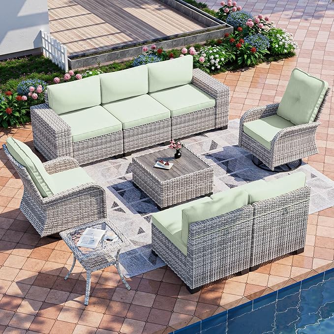 9-Piece Outdoor Patio Furniture Set with Rocking Swivel Chair Wicker Sectional Sofa Set, Patio Conversation Set with Thickened Cushions & Coffee Table for Garden, Backyard, Light Green MuphyersPatioFurniture