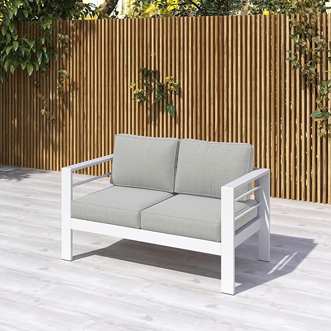 Kiss the Water Outdoor Patio Furniture Loveseat Sofa, All-Weather Metal Aluminum Patio Couch with 5" Thick and Soft Cushion and Wide Arm, Outdoor Couch for Balcony, Porch, Backyard KisstheWaterPatioTool