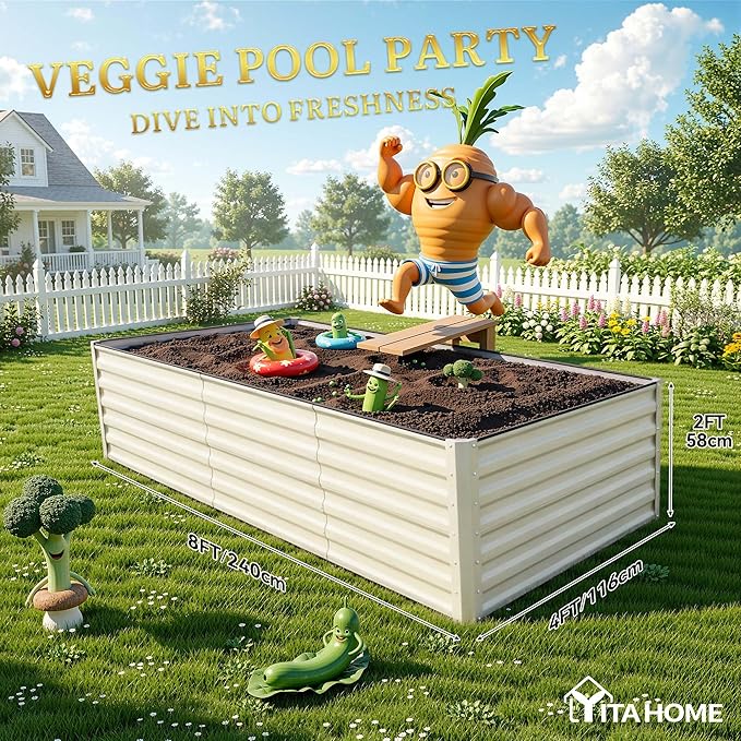 YITAHOME 8x4x2ft Large Raised Garden Bed Kit, Galvanized Metal Planter Box with Gloves, Support Rod & Safety Rubber, Outdoor Above Ground Planters for Plants Vegetables Flowers, Cream Yellow YITAHOME